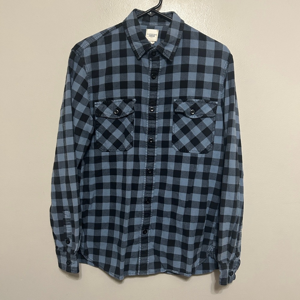 Lands End Canvas Flannel Shirt Mens M Blue Black Buffalo Plaid Lumberjack Preppy